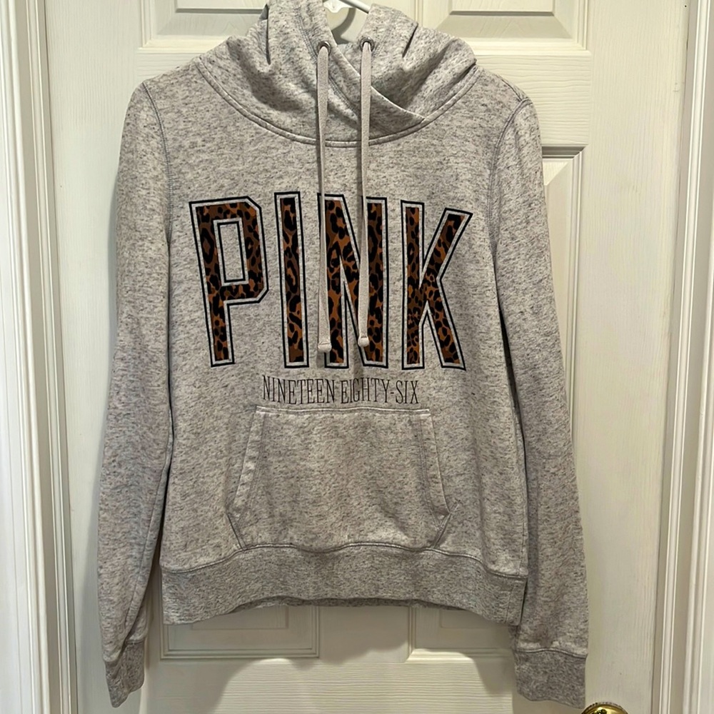 PINK leopard Heather gray hoodie